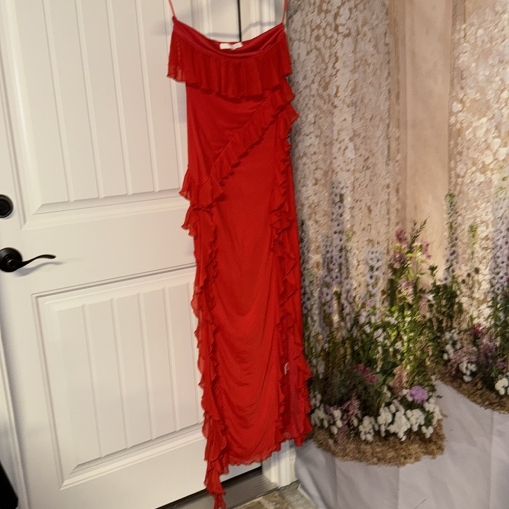 Strapless Red Ruffle Maxi Dress - Picture 5 of 7